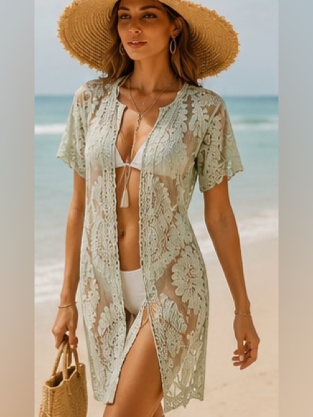 Sage Green Floral Lace Sheer Swim Cover-Up Tie Front One Size *